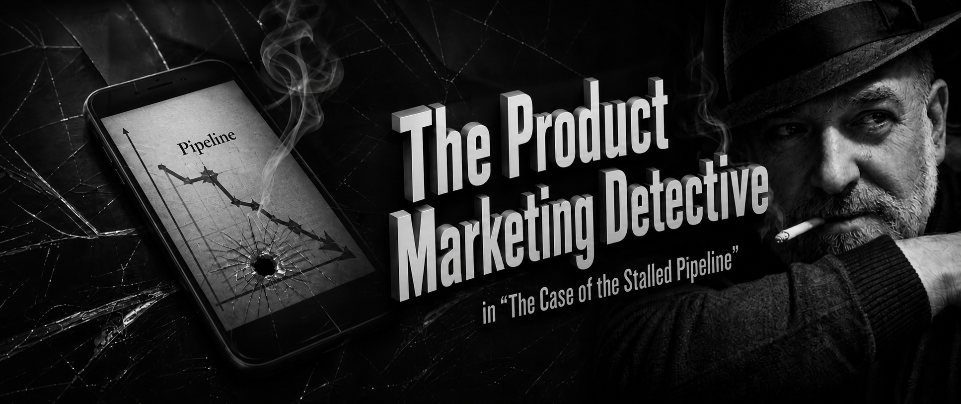 Noir style image with heading The Product Marketing Detective, in The Case of the Stalled Pipeline